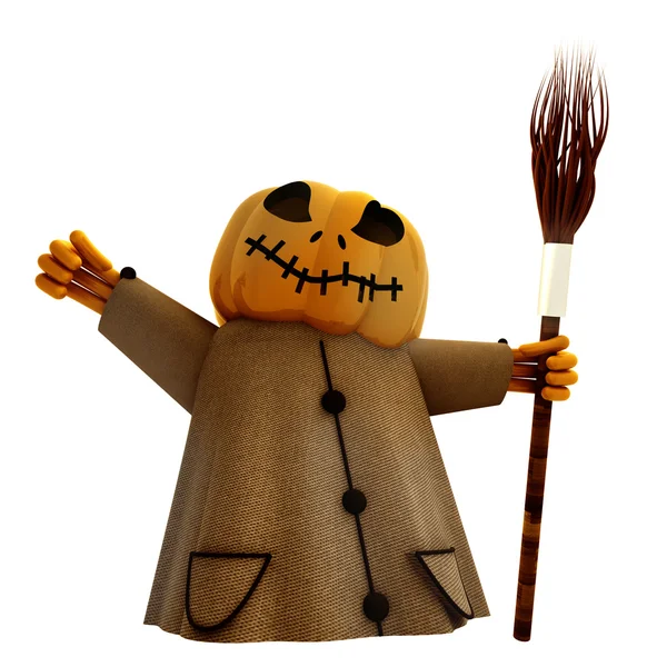 Isolated halloween pumpkin figure holding broom illustration — Stock Photo, Image