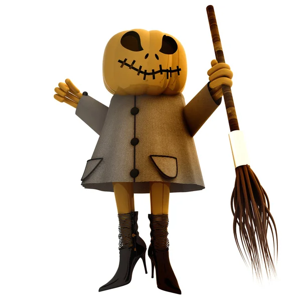 Isolated halloween pumpkin witch with broom illustration — Stock Photo, Image