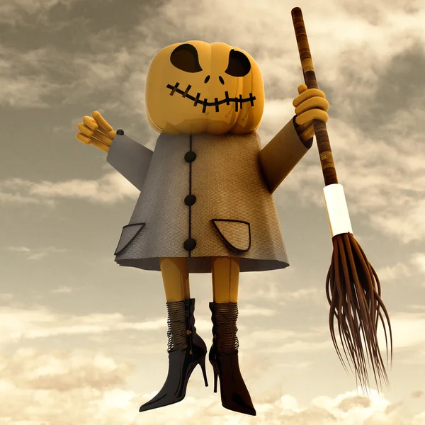 Stehender Halloween-Kürbis Hexe dunkler Himmel und Fledermäuse Illustration — Stockfoto