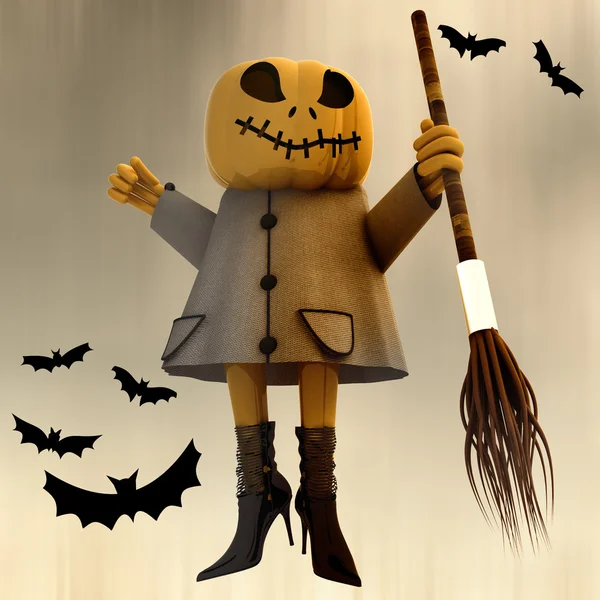 Standing halloween pumpkin witch motion blur dark sky and bats illustration — Stock Photo, Image