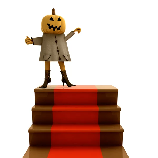 Isolated halloween pumpkin standing on red carpet staircase illustration — Stock Photo, Image