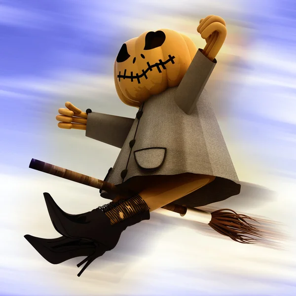 Flying halloween pumpkin on blue motion blur sky background illustration — Stock Photo, Image