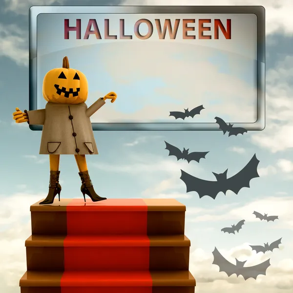 Halloween pumpkin standing on red carpet staircase template illustration — Stock Photo, Image