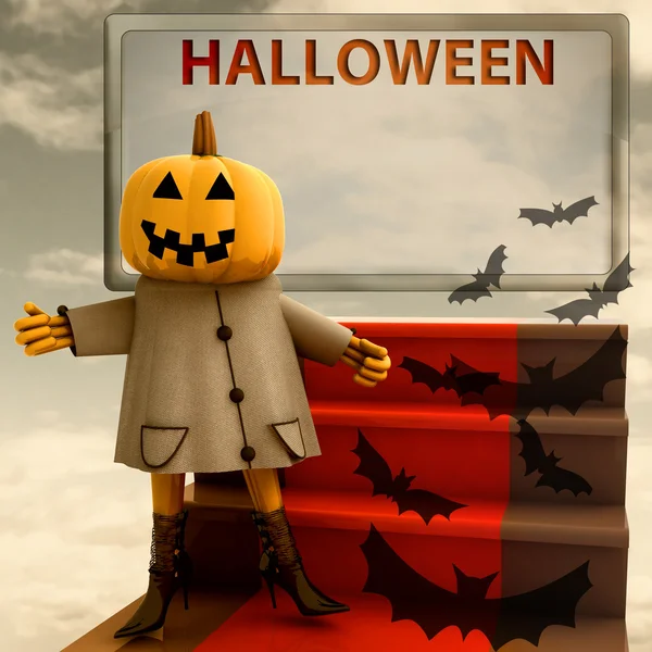 Halloween pumpkin standing on red carpet template illustration — Stock Photo, Image