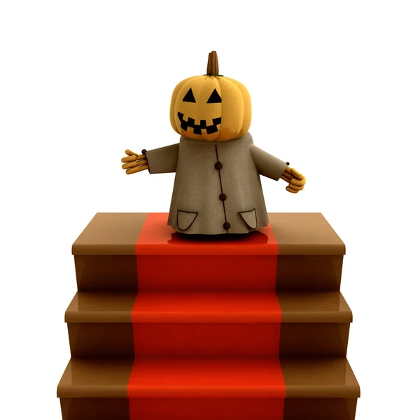 Isolated halloween pumpkin standing on red carpet stairs illustration — Stock Photo, Image