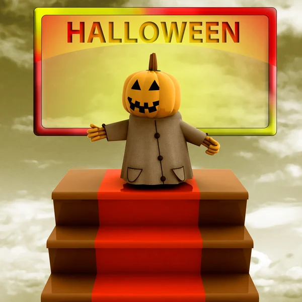 Pumpkin standing on red carpet stairs yellow template illustration — Stock Photo, Image