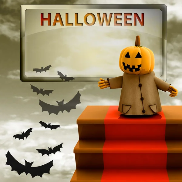 Хэллоуин тыква стоя на красной ковровой лестнице шаблон иллюстрации — стоковое фото