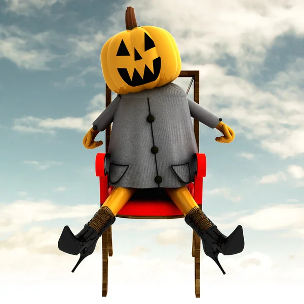 Halloween abóbora sentado frente vista céu nublado fundo ilustração — Fotografia de Stock