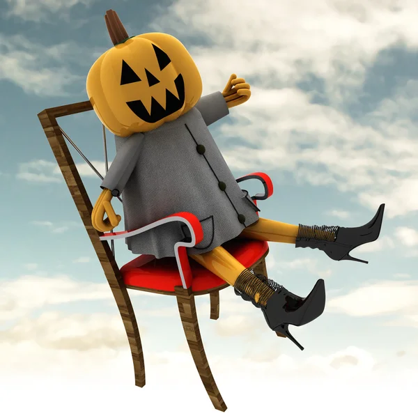 Halloween pumpkin sitting on chair sky cloudy background illustration — Stock Photo, Image