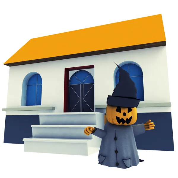 Изолированная тыквенная ведьма на Хэллоуин перед ее домом — стоковое фото