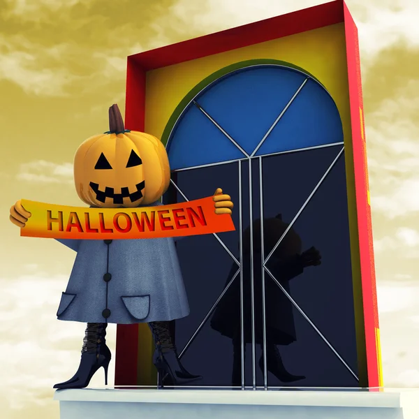 Abóbora bruxa escura segurando cartaz de texto halloween ao pôr do sol ilustração — Fotografia de Stock