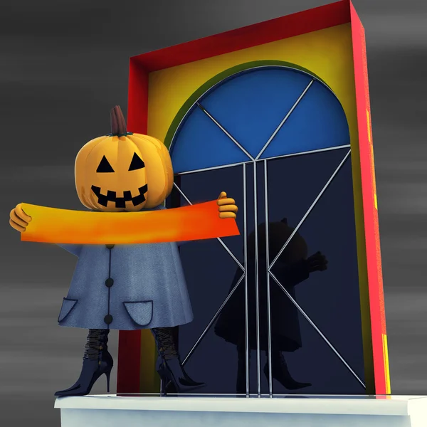 Pumpkin dark witch holding editable stripe at night illustration — Stock Photo, Image