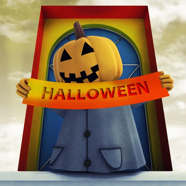 Halloween zucca strega tenendo striscia modificabile al tramonto illustrazione — Foto Stock