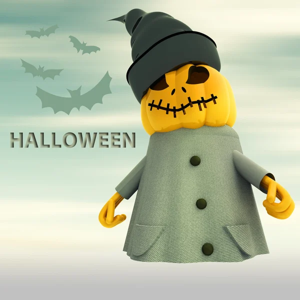 Bruja de calabaza con murciélagos y fondo borroso postal de Halloween —  Fotos de Stock