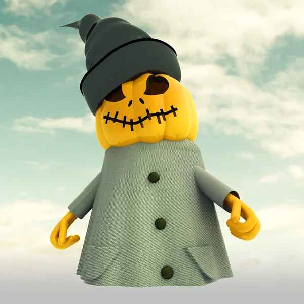 Halloween pumpkin witch on sky cloudy background illustration — Stock Photo, Image