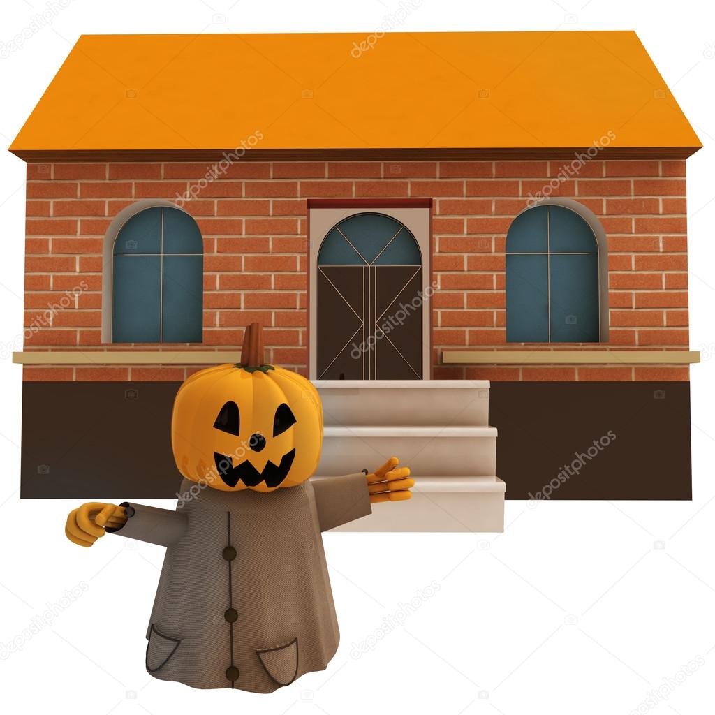 Isolated halloween pumpkin witch in front of house illustration