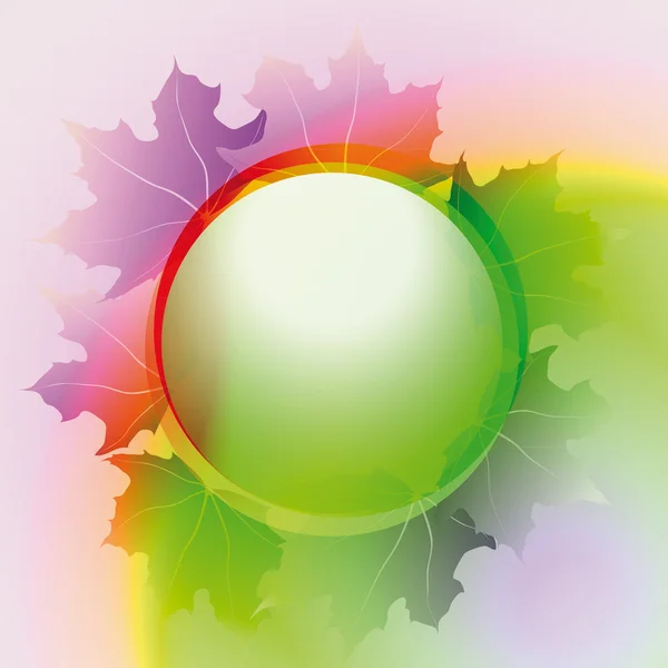 Arc-en-ciel cercle coloré bouton et feuille d'érable carte vecteur — Image vectorielle