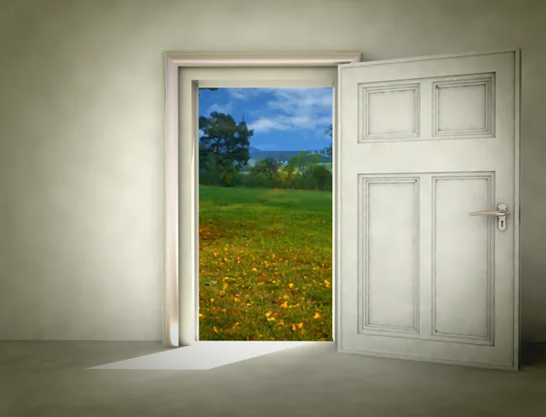 Open door to autumn landscape from white room illustration — Stock Photo, Image