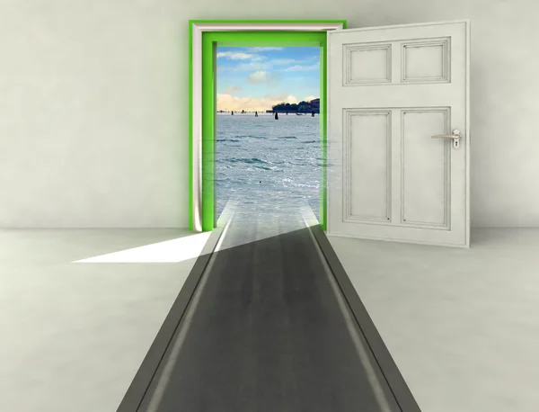 Porta aperta con viottolo al mare illustrazione — Foto Stock