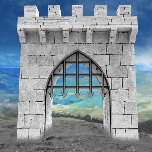 Medieval gate with steel lattice opening with mountain landscape illustrati — Stock Photo, Image
