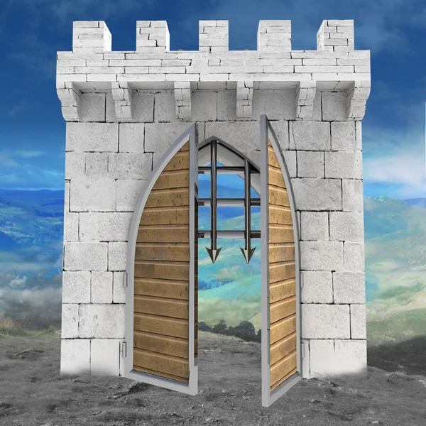 Medieval gate opening doors with mountain landscape illustration — Stock Photo, Image