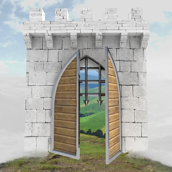 Medieval gate opening doors in mist illustration — Stock Photo, Image