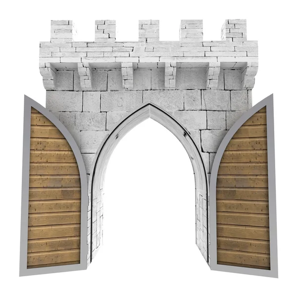 Isolated opened medieval gate with wood door illustration — Stock Photo, Image