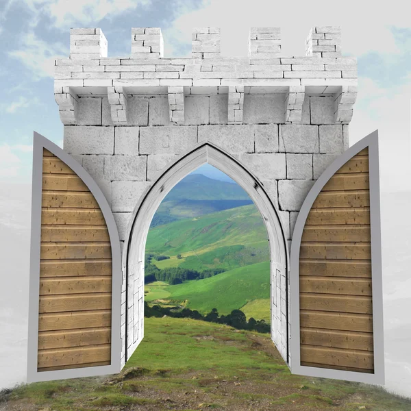 Opened medieval gate with wood door in mountain landscape illustration — Stock Photo, Image