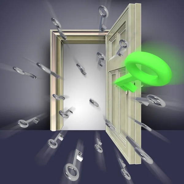 Flygande metall metalliska nycklar som öppnar dörren blå abstrakt illustration — Stockfoto
