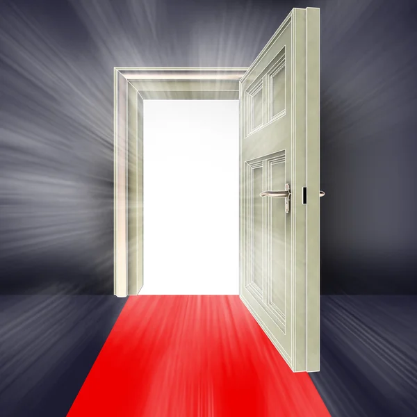 Open deur abstracte witte flare met red carpet concept illustratie — Stockfoto