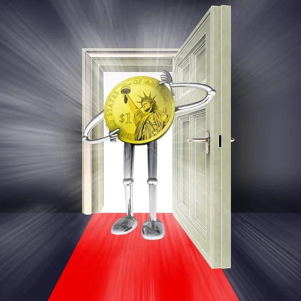 Porte ouverte avec pièce de monnaie dollar et fusée éclairante sur tapis rouge illustration concept — Photo