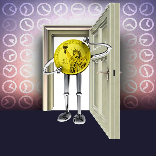 Open door with time pattern and dollar coin figure concept illustration — Stock Photo, Image