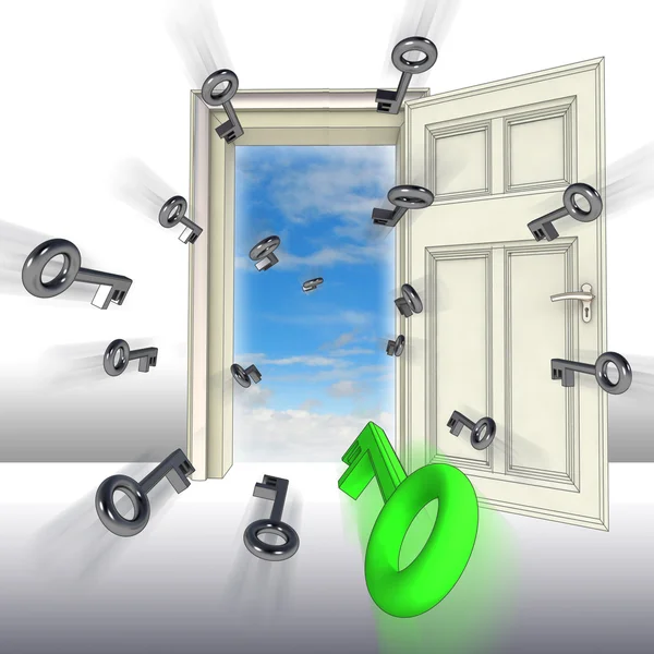 Flying keys opening door abstract concept illustration — Stock Photo, Image