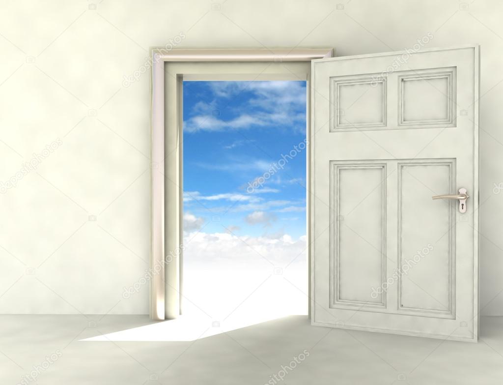 Open door to heaven in pure white room illustration