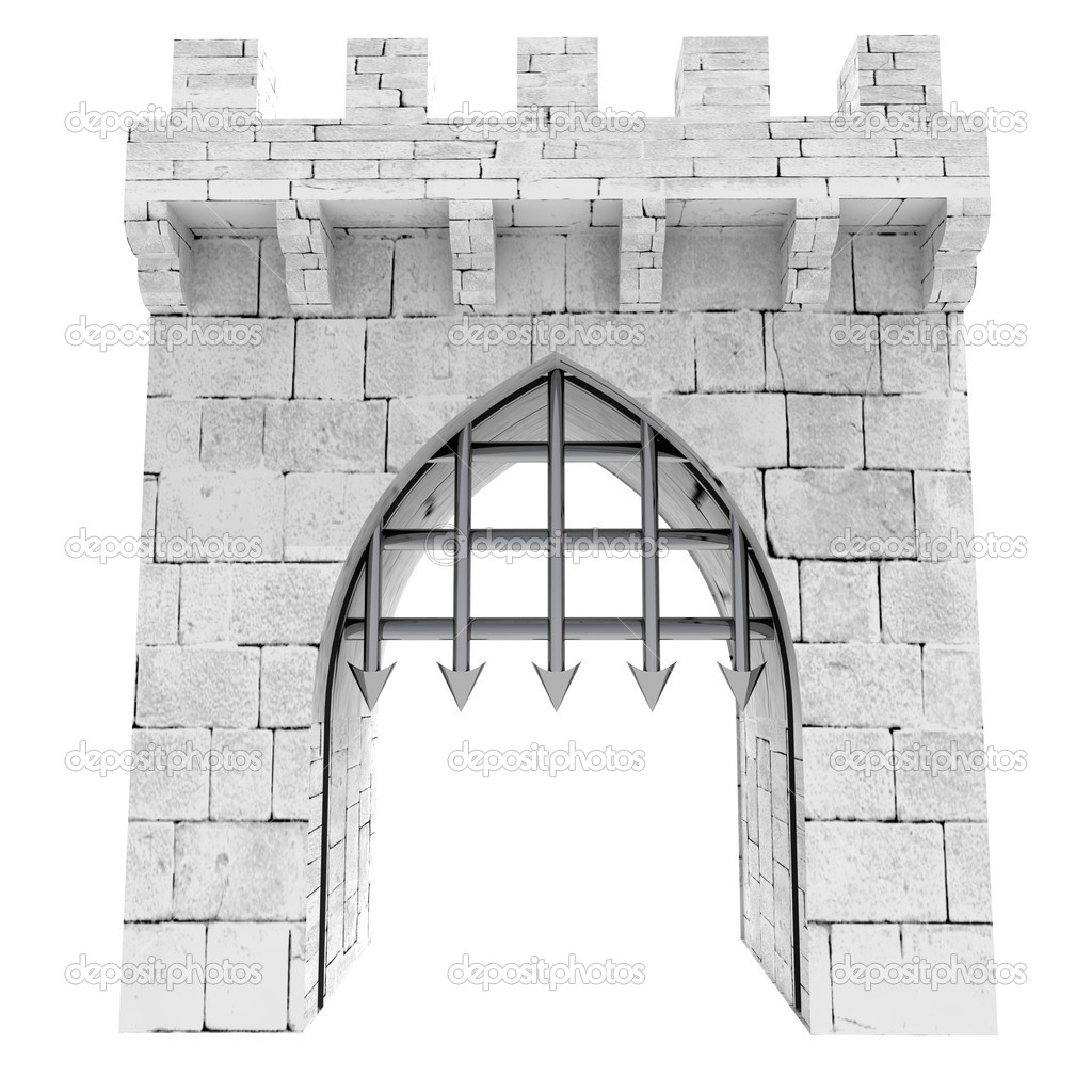 Isolated medieval gate with steel lattice opening illustration