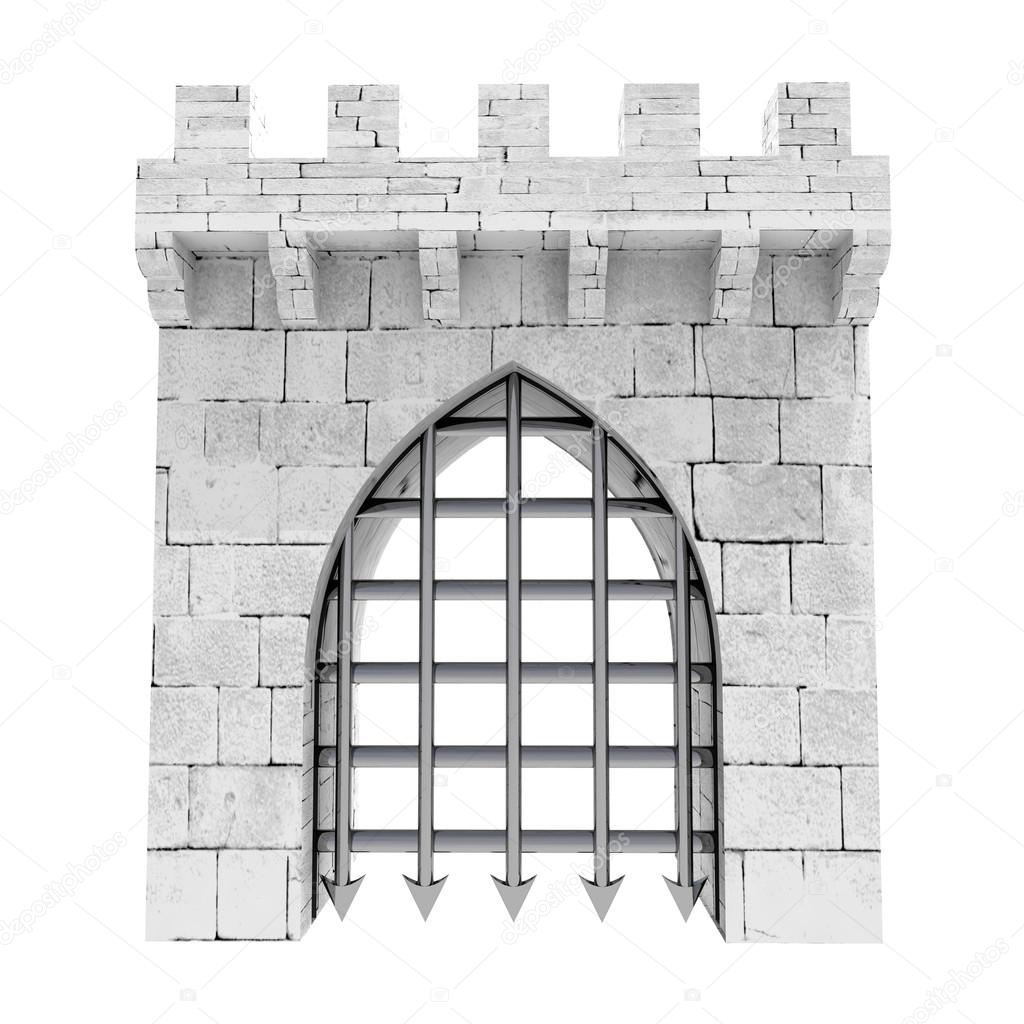 Isolated closed medieval gate with steel lattice down illustration