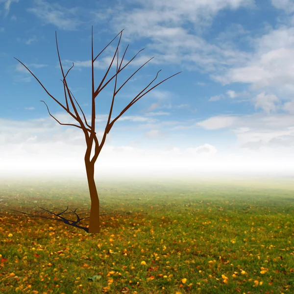 Tree without leaves with autumn landscape mist illustration — Stock Photo, Image