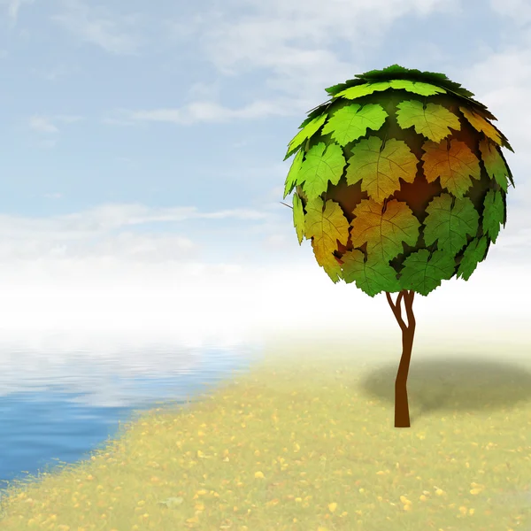 Einsamer Ahornbaum am Ufer im Herbst Illustration — Stockfoto