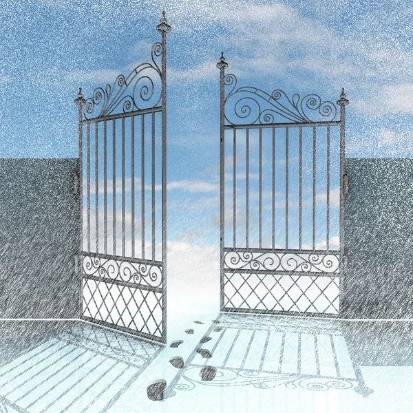 Открытый забор с отпечатками ног на снежной иллюстрации зимнего пейзажа — стоковое фото