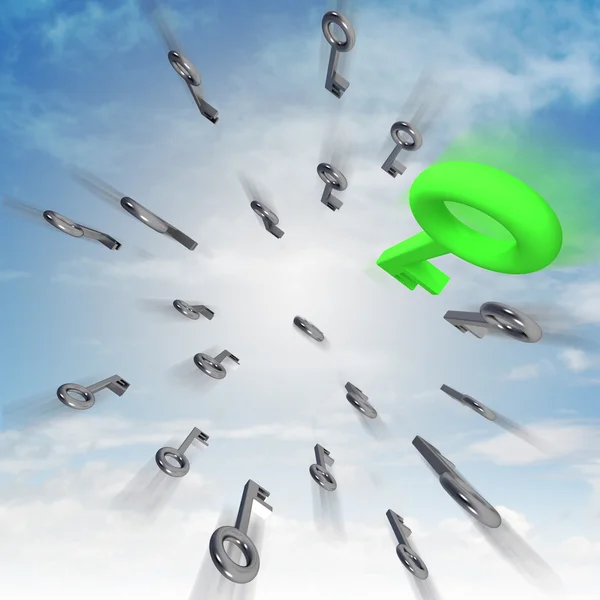 Fast flying several keys with green right one illustration — Stock Photo, Image