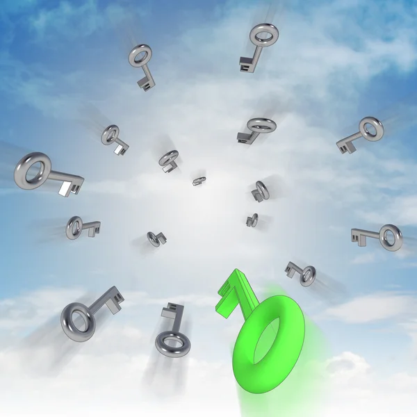 Fast central flying central keys with green right one illustration — Stock Photo, Image