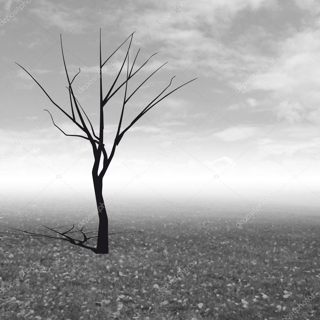 Tree without leaves in autumn black and white mist illustration