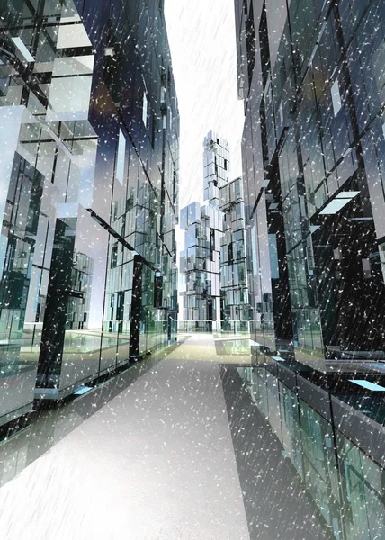 Stralende wolkenkrabber zakelijke straat concept winter illustratie — Stockfoto