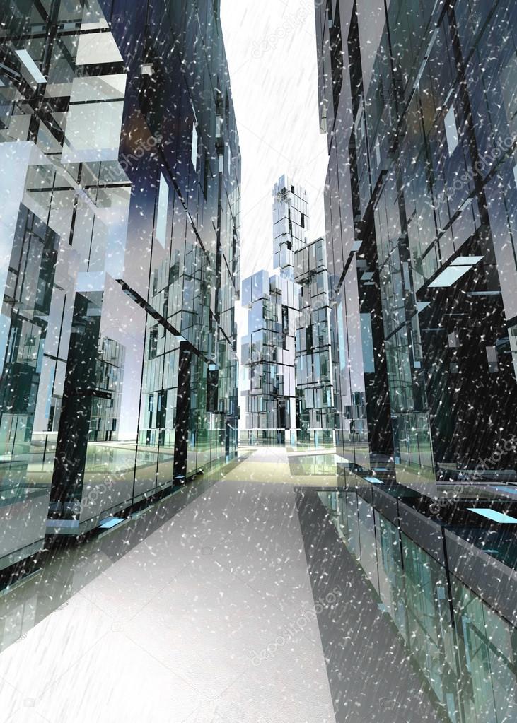 Shinning skyscraper business street concept winter illustration