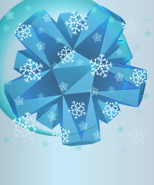 Blue triangle snowflake in bubble with falling snow card vector template — Stock Vector