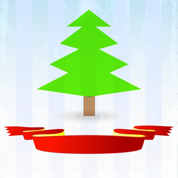 Zielone drzewo z czerwoną wstążką w dół na paski niebieskie tło — Wektor stockowy