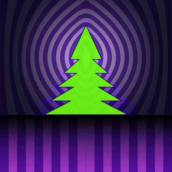 Silhouette dell'albero di Natale su viola centro strisce tenda vettore — Vettoriale Stock