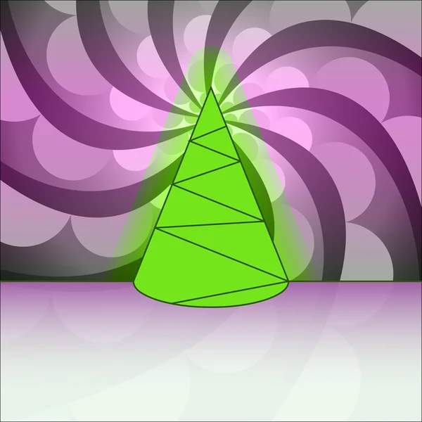 Forma cônica árvore de natal projetada no círculo roxo redemoinho vetor cartão — Vetor de Stock