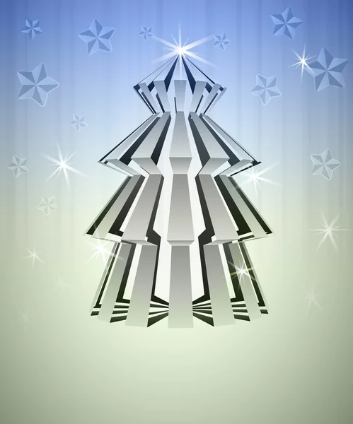 Striped three dimensional christmas tree on cool blue silver vector card — Stock Vector