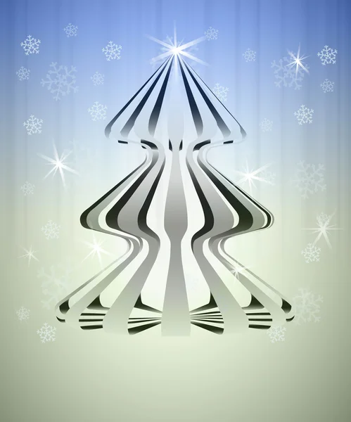 Striped three dimensional christmas tree on blue silver vector card — Stock Vector